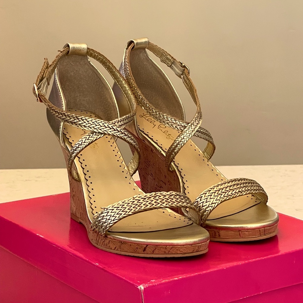 Lily Pulitzer gold wedge sandals